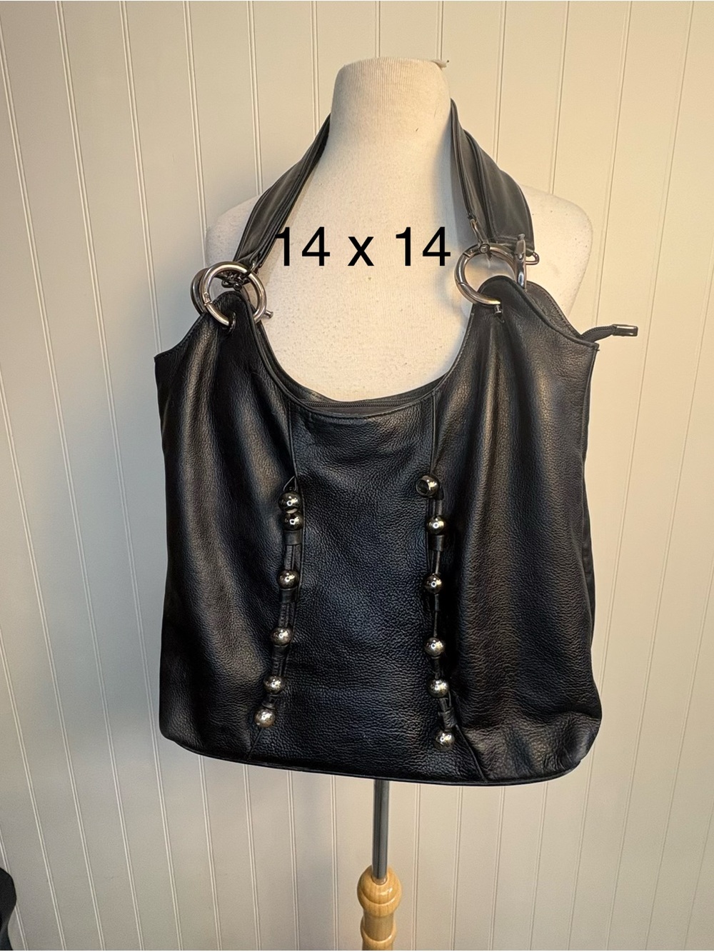 Silver Rose Genuine Leather Black Hobo Shoulder Bag Large Tote